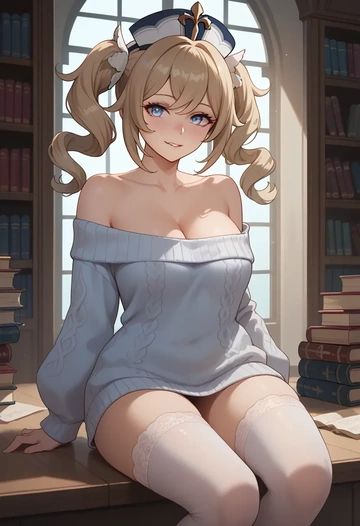 genshin impact,barbara_(genshin_impact),Biting lip,off-shoulder,sweater,stockings  - AI generated anime art