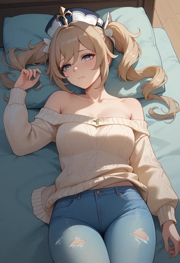 genshin impact,barbara_(genshin_impact),sweater,off-shoulder,ripped jeans  - AI generated anime art