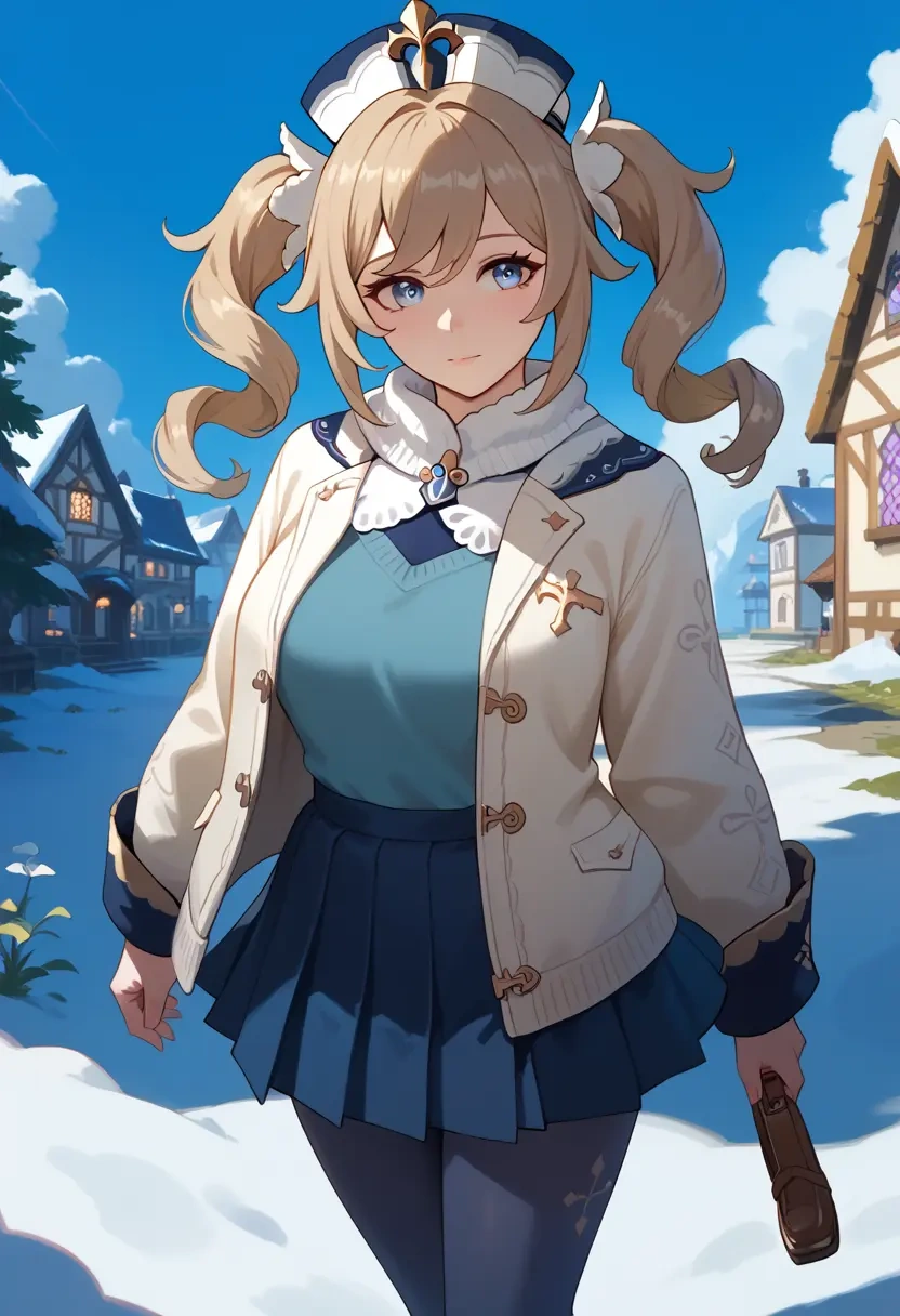 genshin impact,barbara_(genshin_impact),winter,student uniform,puffer jacket  - 