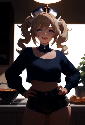 genshin impact,barbara_(genshin_impact),leather,shorts,crop top  - AI generated anime art