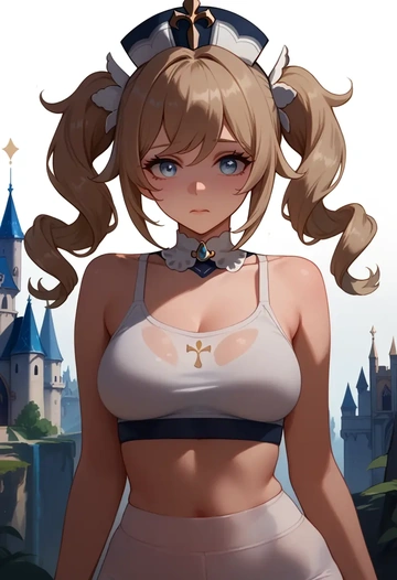 genshin impact,barbara_(genshin_impact),sports crop,high-waisted shorts  - AI generated anime art