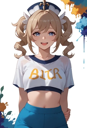 genshin impact,barbara_(genshin_impact),cropped graffiti sweatshirt,dolphin shorts  - AI generated anime art