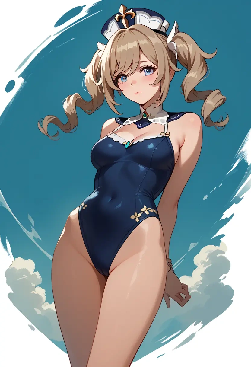 genshin impact,barbara_(genshin_impact),retro style swimsuit,frilled neckline,bow detail  - 