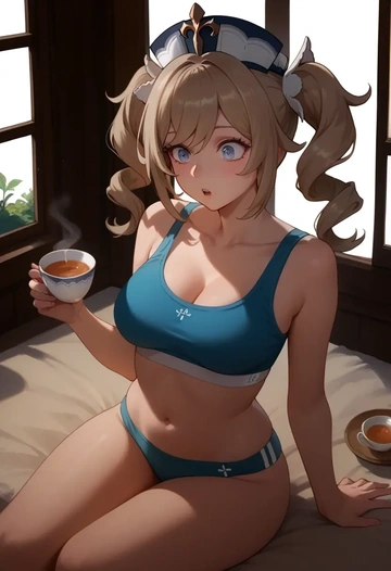 genshin impact,barbara_(genshin_impact),sports bra,wide-leg joggers  - AI generated anime art