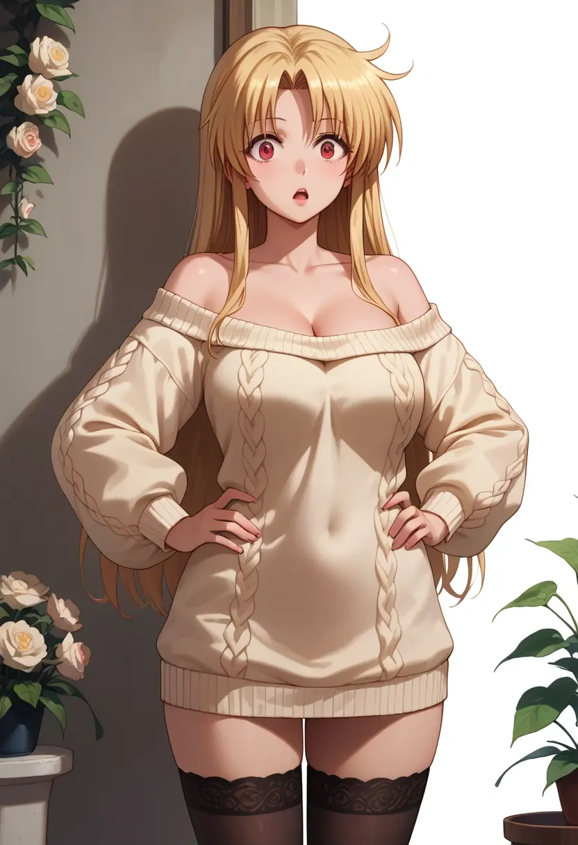 lyrical_nanoha,bardiche,off-shoulder,sweater  - 