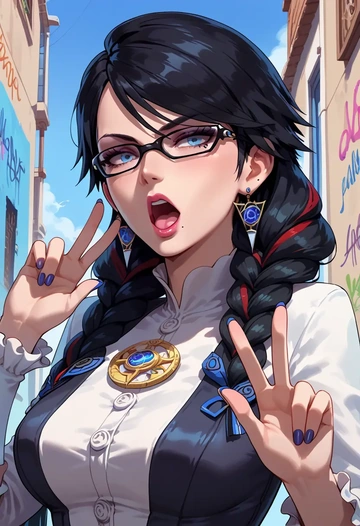 bayonetta_(series),bayonetta,striped graffiti blouse,dolphin shorts  - AI generated anime art