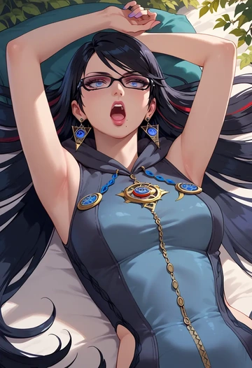 bayonetta_(series),bayonetta,sleeveless hoodie,biker shorts  - AI generated anime art