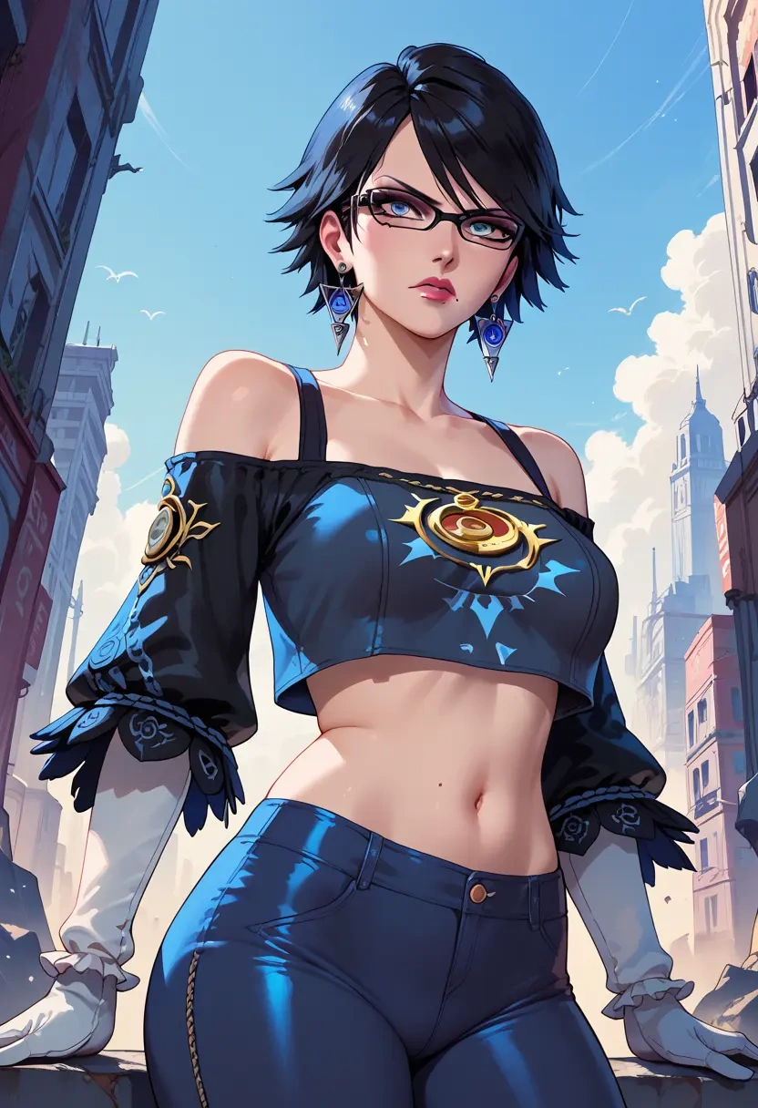 bayonetta_(series),bayonetta,off-shoulder top,dolphin shorts  - 