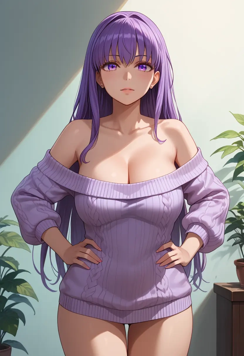 fate_(series),bb_(fate),Hands on hips,off-shoulder,sweater  - 