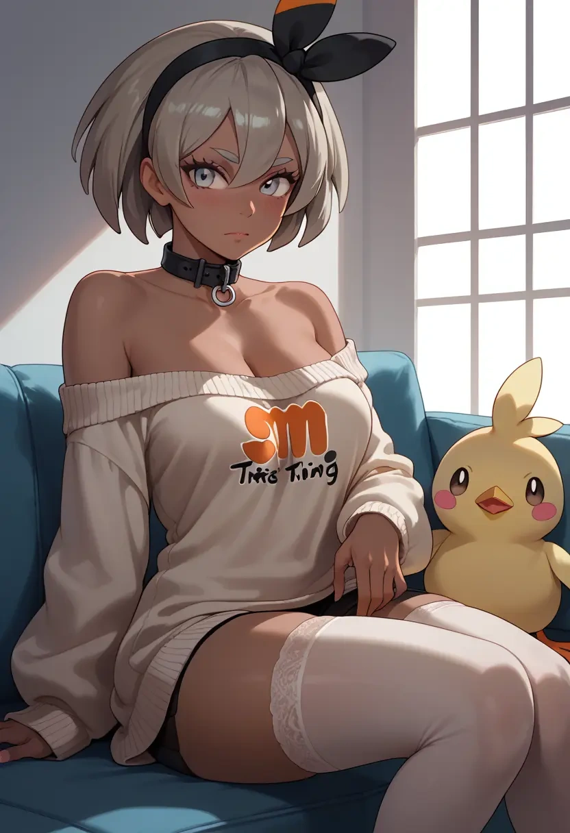 pokemon,bea_(pokemon),blushing,collar,off-shoulder,sweater,stockings  - 