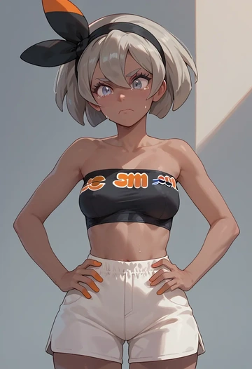 pokemon,bea_(pokemon),tube top,jogger shorts  - AI generated anime art