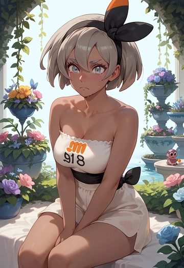 pokemon,bea_(pokemon),tube top,jogger shorts  - AI generated anime art