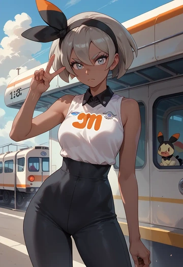 pokemon,bea_(pokemon),jumpsuit,sleeveless,flare pants  - AI generated anime art