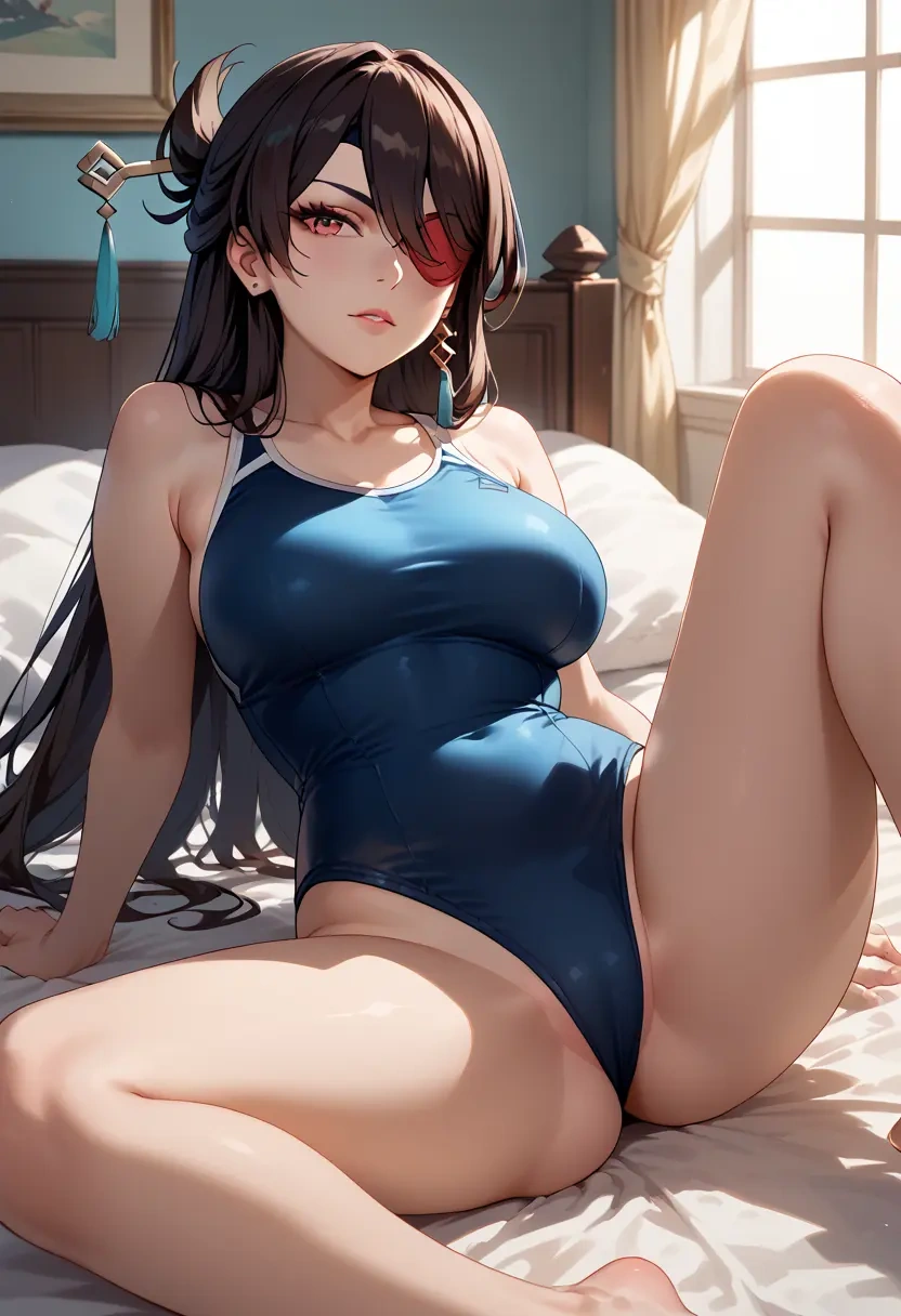 genshin impact,beidou_(genshin_impact),school swimsuit,swimsuit,spread legs,sexy,one leg up  - 