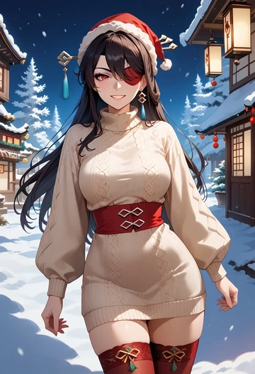 genshin impact,beidou_(genshin_impact),Christmas,sweater dress,stockings  - AI generated anime art