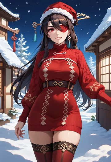 genshin impact,beidou_(genshin_impact),Christmas,sweater dress,stockings  - AI generated anime art