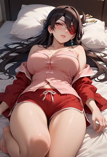 genshin impact,beidou_(genshin_impact),pajamas, low-waisted shorts  - AI generated anime art