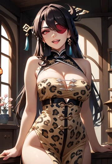 genshin impact,beidou_(genshin_impact),leopard print,silk slip dress  - AI generated anime art