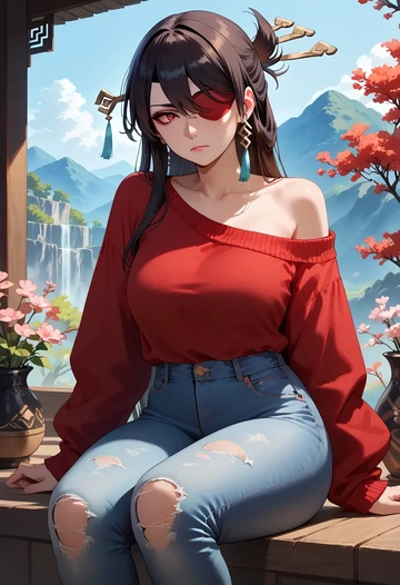 genshin impact,beidou_(genshin_impact),sweater,off-shoulder,ripped jeans  - AI generated anime art