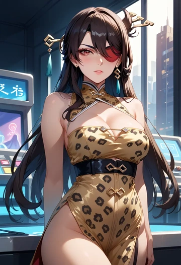 genshin impact,beidou_(genshin_impact),leopard print,silk slip dress  - AI generated anime art