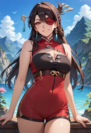 genshin impact,beidou_(genshin_impact),sleeveless swim top,shorts-style bottom,contrast stitching  - AI generated anime art