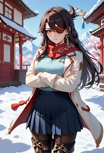 genshin impact,beidou_(genshin_impact),winter,student uniform,puffer jacket  - AI generated anime art