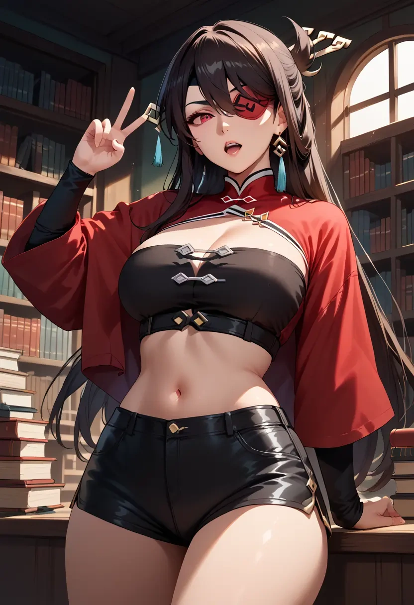 genshin impact,beidou_(genshin_impact),leather,shorts,crop top  - 