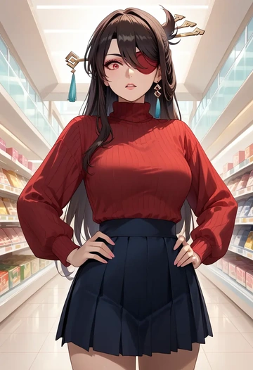 genshin impact,beidou_(genshin_impact),skirt,pleated,turtleneck sweater  - AI generated anime art