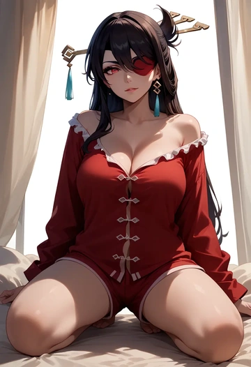 genshin impact,beidou_(genshin_impact),pajamas, low-waisted shorts  - AI generated anime art