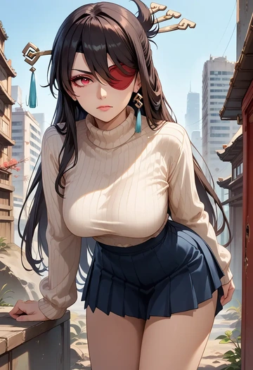 genshin impact,beidou_(genshin_impact),skirt,pleated,turtleneck sweater  - AI generated anime art