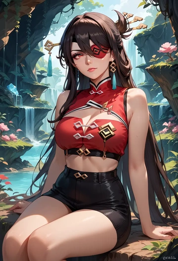 genshin impact,beidou_(genshin_impact),crop top,athletic shorts  - AI generated anime art