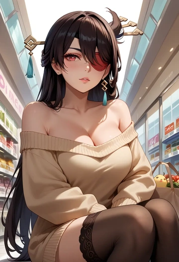 genshin impact,beidou_(genshin_impact),off-shoulder,sweater  - AI generated anime art