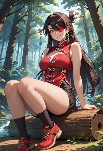 genshin impact,beidou_(genshin_impact),sitting,forest  - AI generated anime art