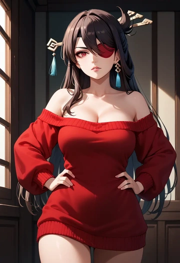 genshin impact,beidou_(genshin_impact),Hands on hips,off-shoulder,sweater  - AI generated anime art