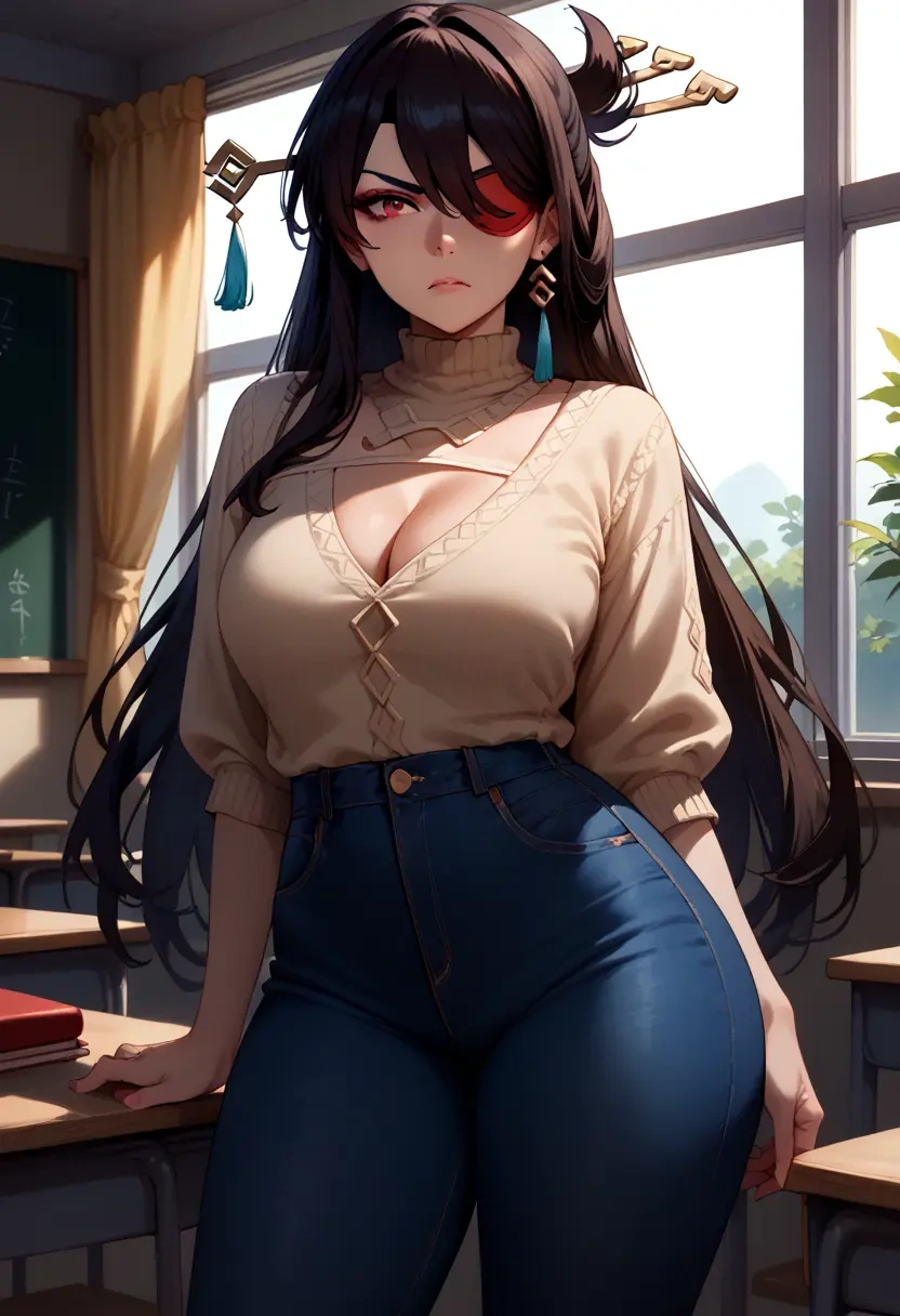 genshin impact,beidou_(genshin_impact),teacher, sweater, jeans shorts  - 