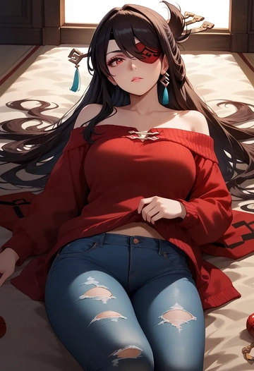 genshin impact,beidou_(genshin_impact),sweater,off-shoulder,ripped jeans  - AI generated anime art