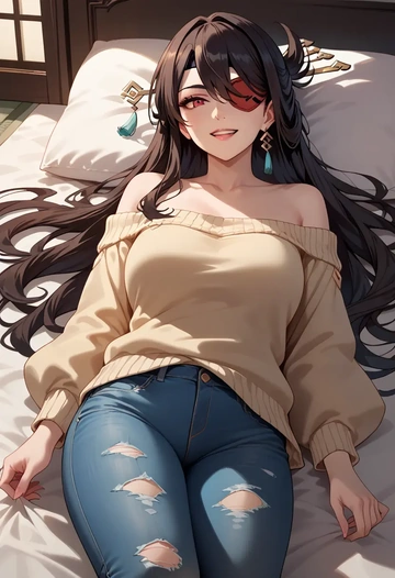 genshin impact,beidou_(genshin_impact),sweater,off-shoulder,ripped jeans  - AI generated anime art