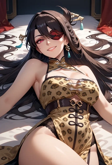 genshin impact,beidou_(genshin_impact),leopard print,silk slip dress  - AI generated anime art