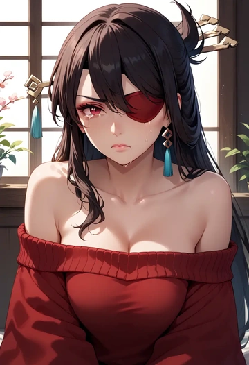 genshin impact,beidou_(genshin_impact),sweater,off-shoulder,collar  - AI generated anime art