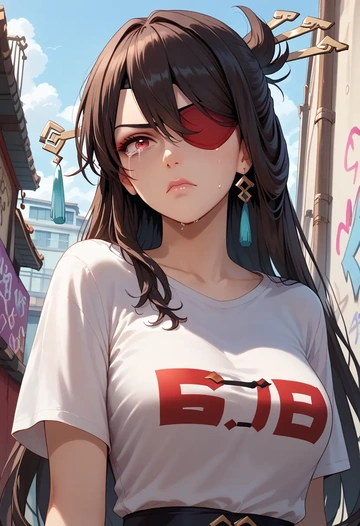 genshin impact,beidou_(genshin_impact),crop graffiti tee,dolphin shorts  - AI generated anime art