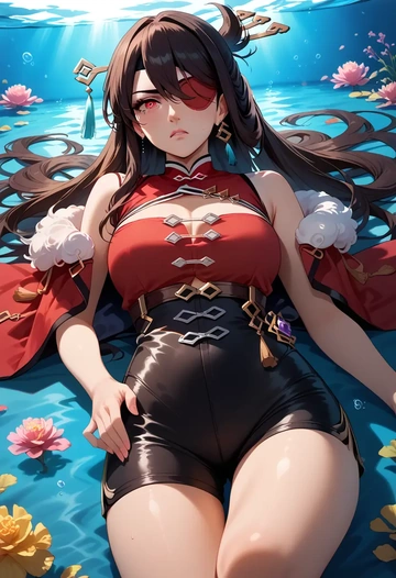 genshin impact,beidou_(genshin_impact),leather,shorts,crop top  - AI generated anime art