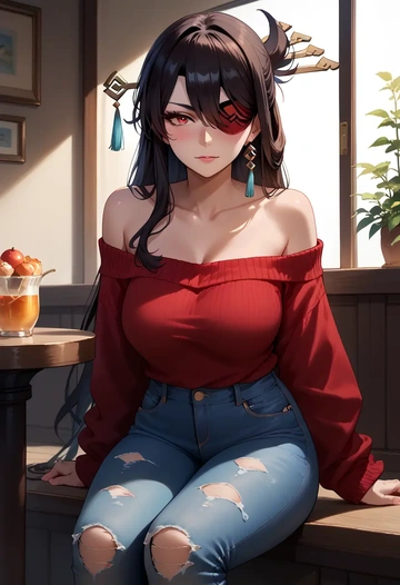 genshin impact,beidou_(genshin_impact),sweater,off-shoulder,ripped jeans  - AI generated anime art