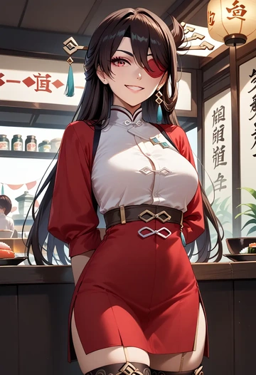 genshin impact,beidou_(genshin_impact),shirt dress,belted,stockings  - AI generated anime art