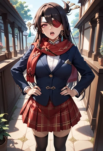 genshin impact,beidou_(genshin_impact),winter,student uniform,plaid skirt  - AI generated anime art