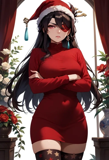 genshin impact,beidou_(genshin_impact),Christmas,sweater dress,stockings  - AI generated anime art