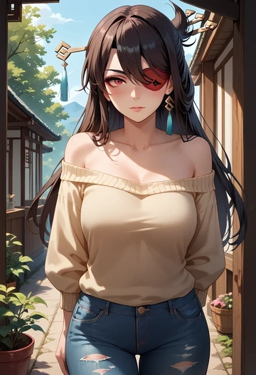 genshin impact,beidou_(genshin_impact),sweater,off-shoulder,ripped jeans  - AI generated anime art