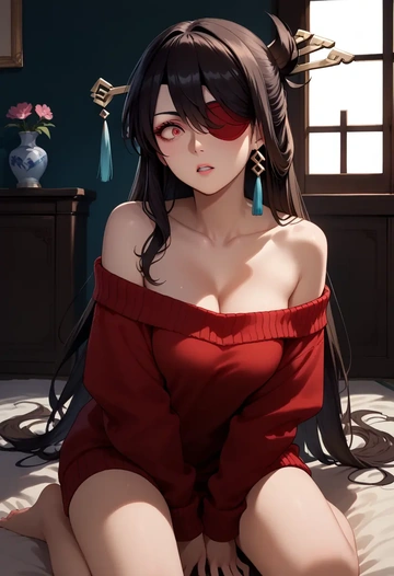 genshin impact,beidou_(genshin_impact),sweater,off-shoulder,collar  - AI generated anime art