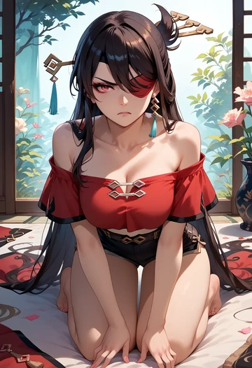 genshin impact,beidou_(genshin_impact),off-shoulder top,dolphin shorts  - AI generated anime art