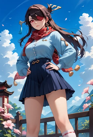 genshin impact,beidou_(genshin_impact),spring,student uniform,cardigan  - AI generated anime art