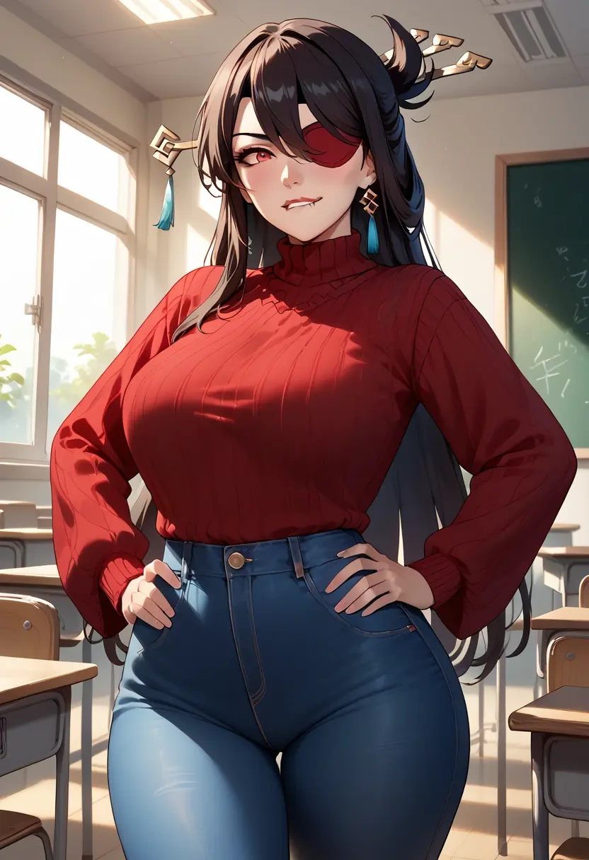 genshin impact,beidou_(genshin_impact),teacher, sweater, jeans shorts  - 